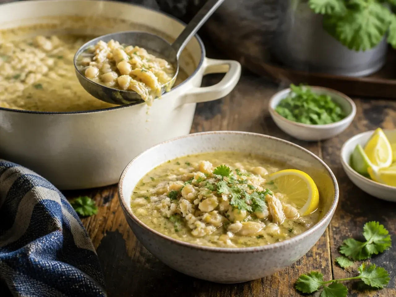 Mashing white beans against the side of a pot to thicken chili