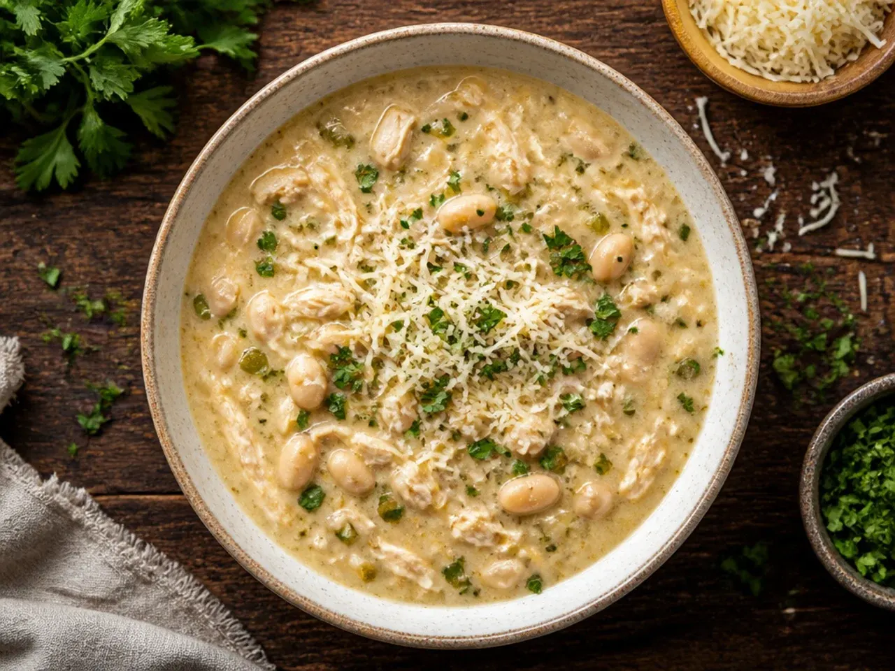 Pouring chicken stock from a carton into a pot for white chicken chili