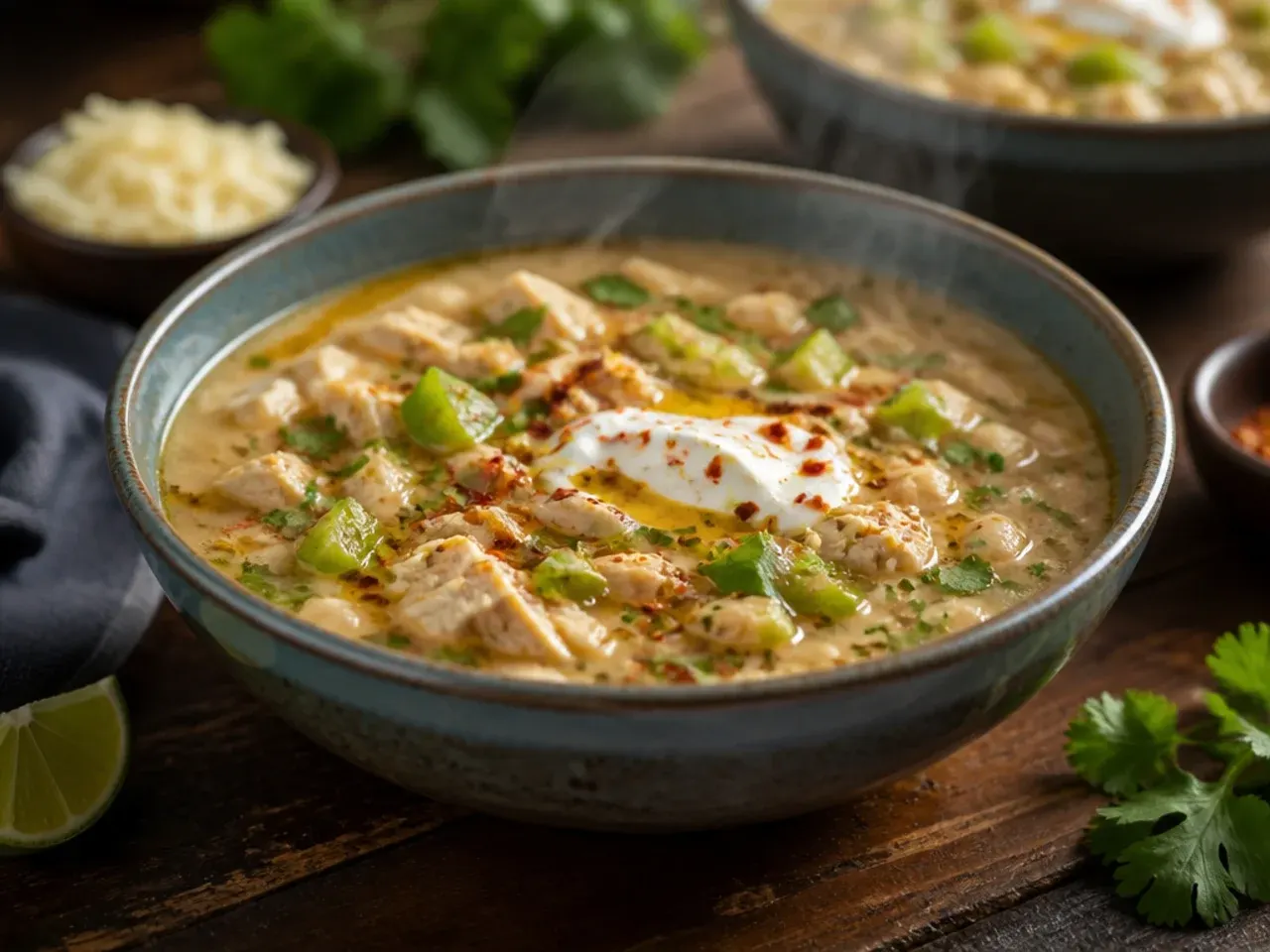 Tasting and seasoning white chicken chili with a wooden spoon
