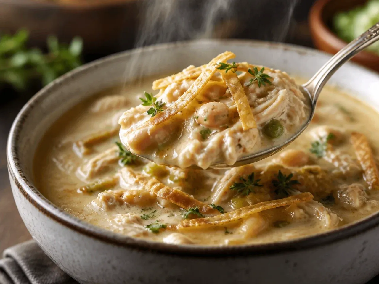 Shredded rotisserie chicken being stirred into simmering white chicken chili