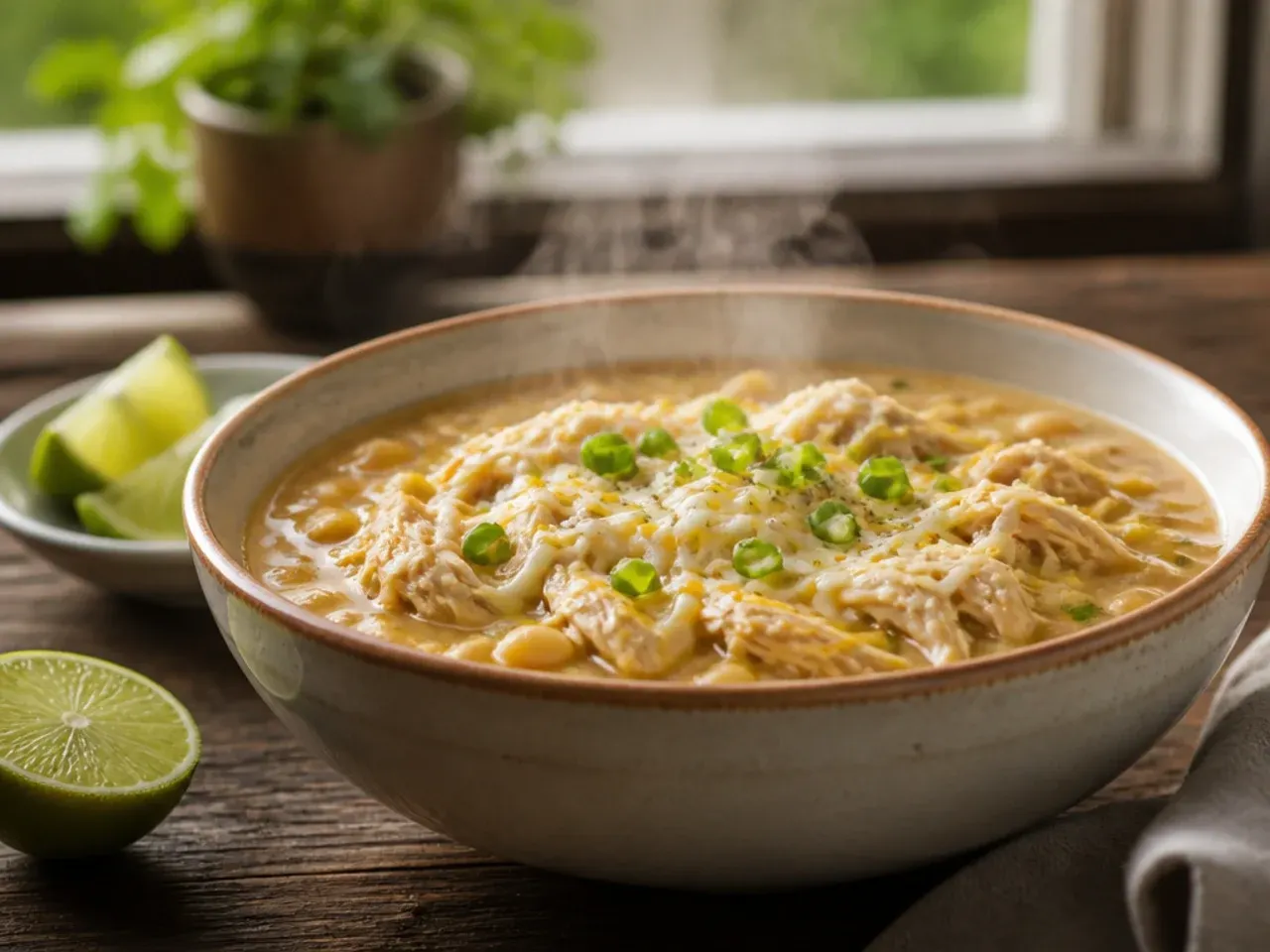 Squeezing fresh lime juice over a bowl of white chicken chili