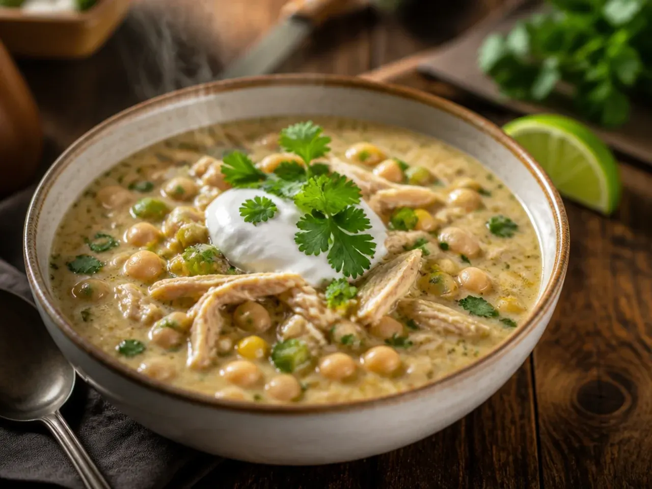 Reheating white chicken chili gently in a saucepan with a splash of broth