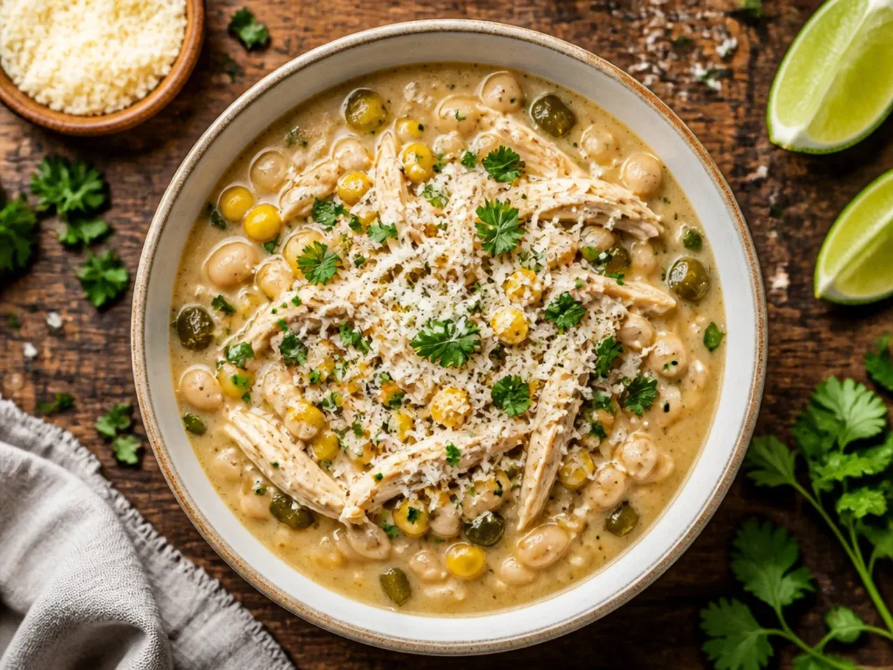 Ladling extra warm chicken broth into a pot of white chicken chili