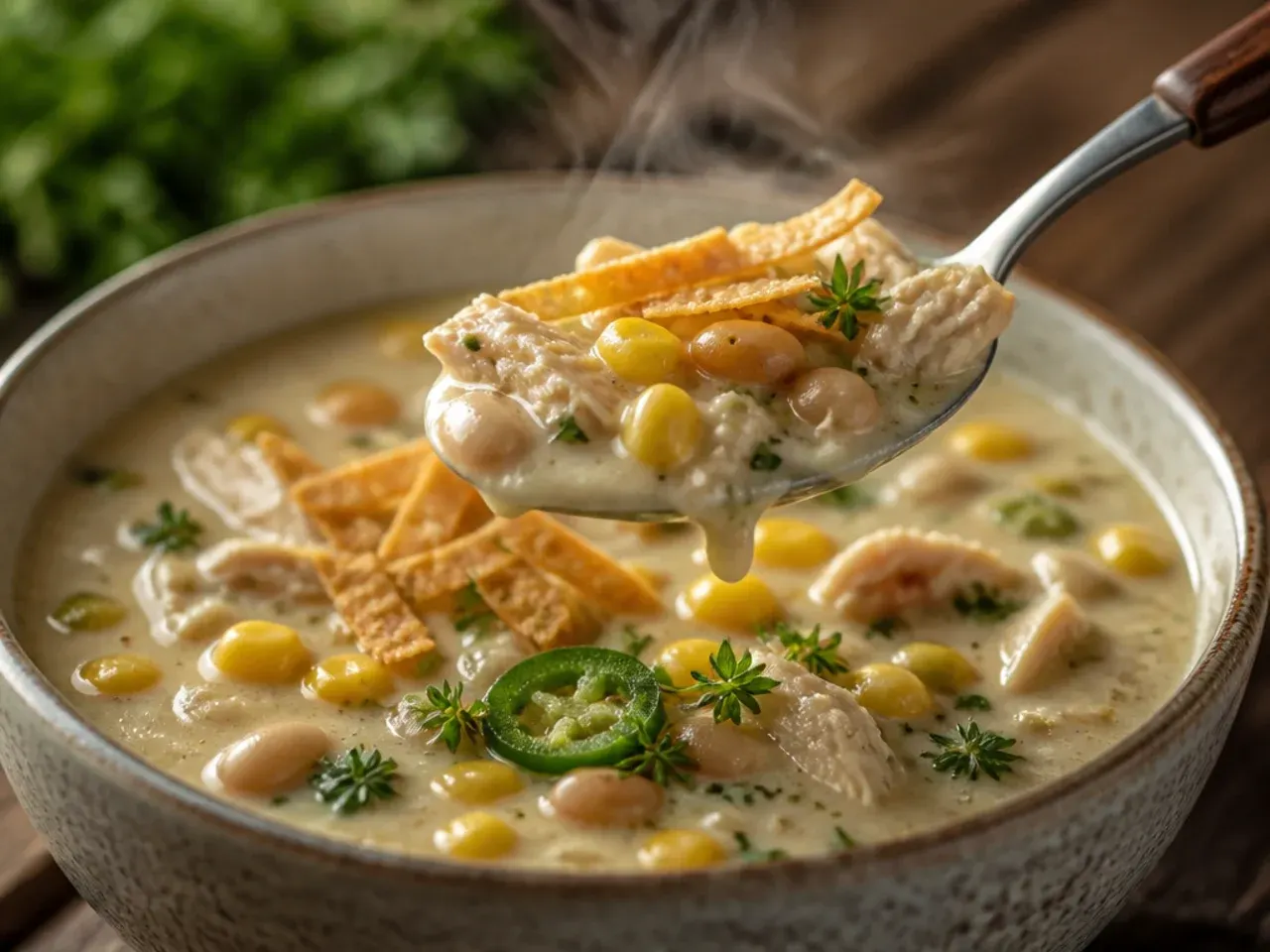 Crispy tortilla strips being sprinkled on top of a bowl of white chicken chili