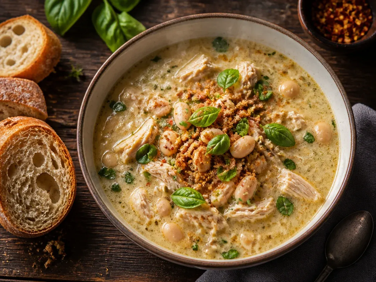 Timer next to a simmering pot of stovetop white chicken chili