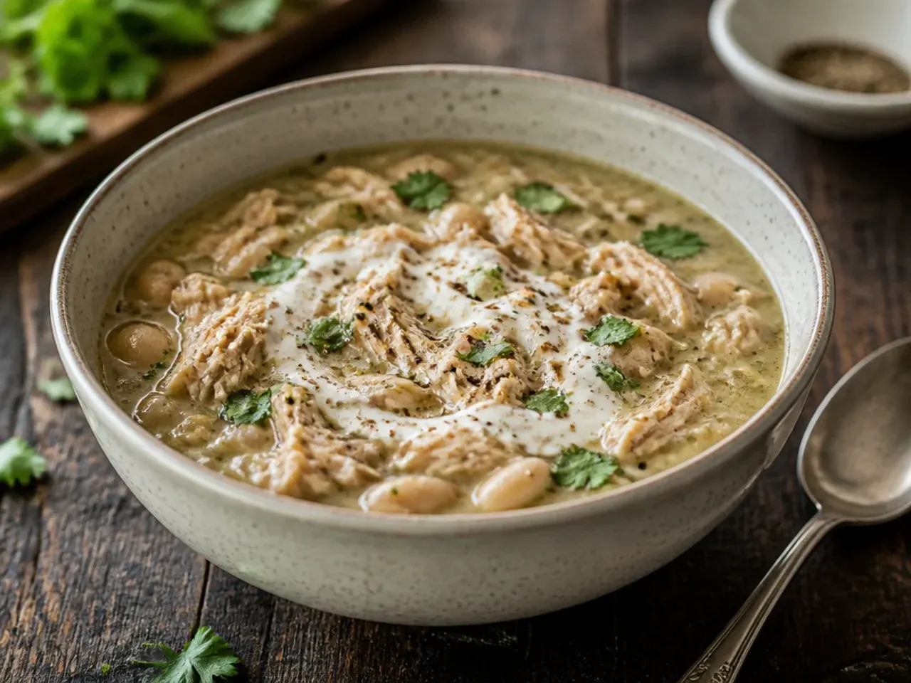 Tasting the finished white chicken chili with a spoon before serving