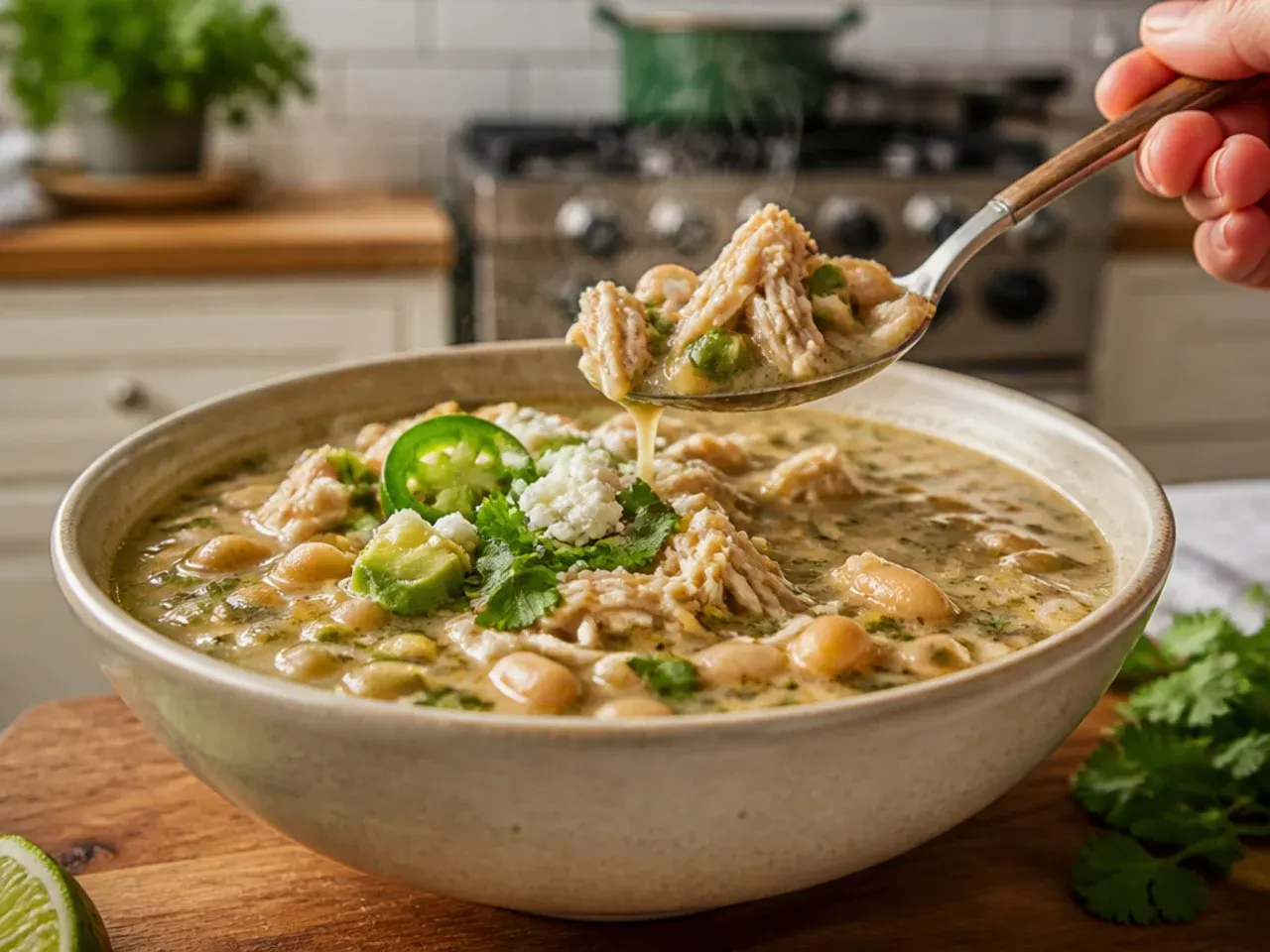 A finished pot of creamy white chicken chili ready to serve with toppings