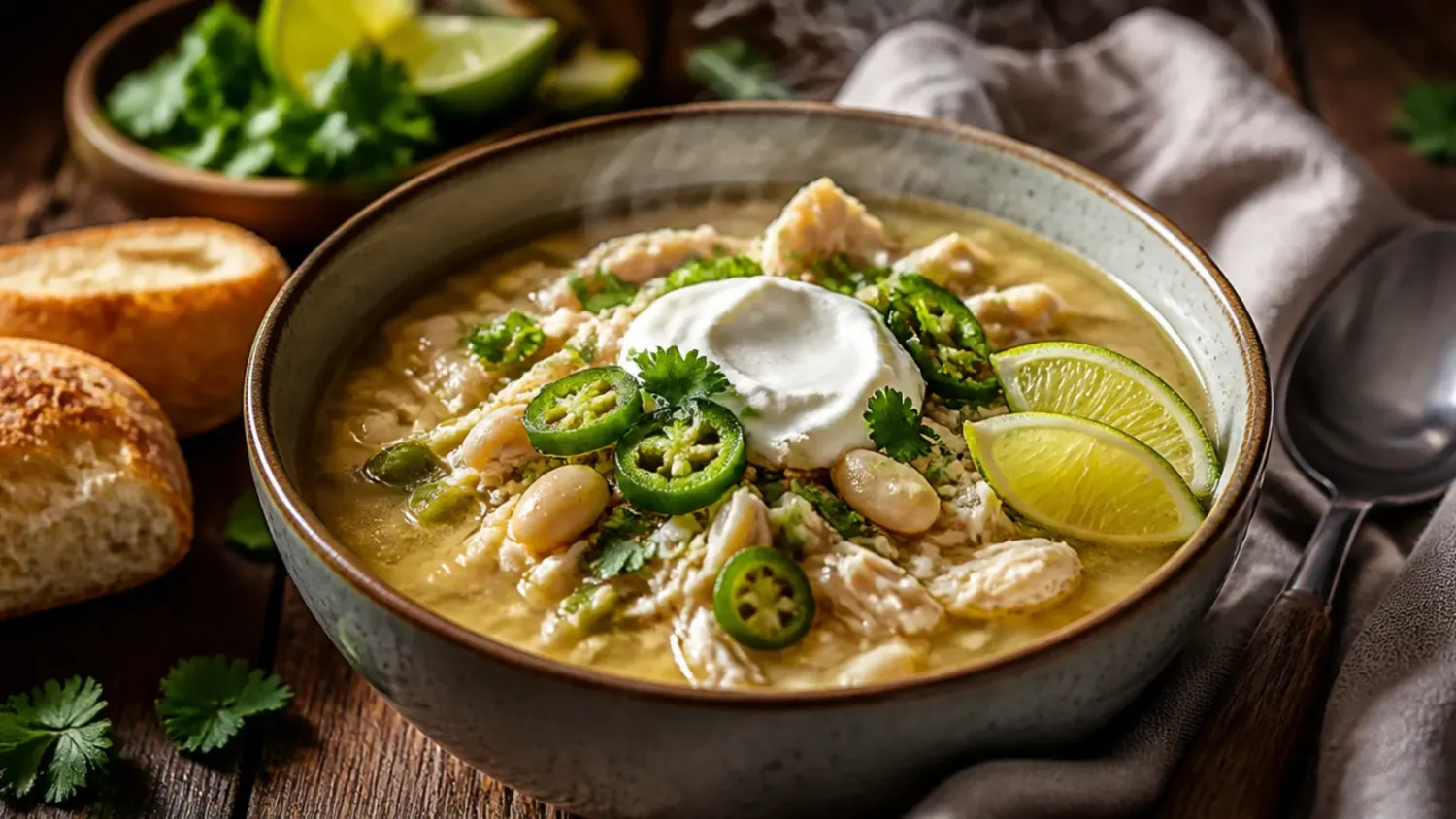 Overhead shot of a bowl of creamy white chicken chili topped with shredded cheese, soured cream, chopped coriander and a lime wedge, with tortilla chips on the side.