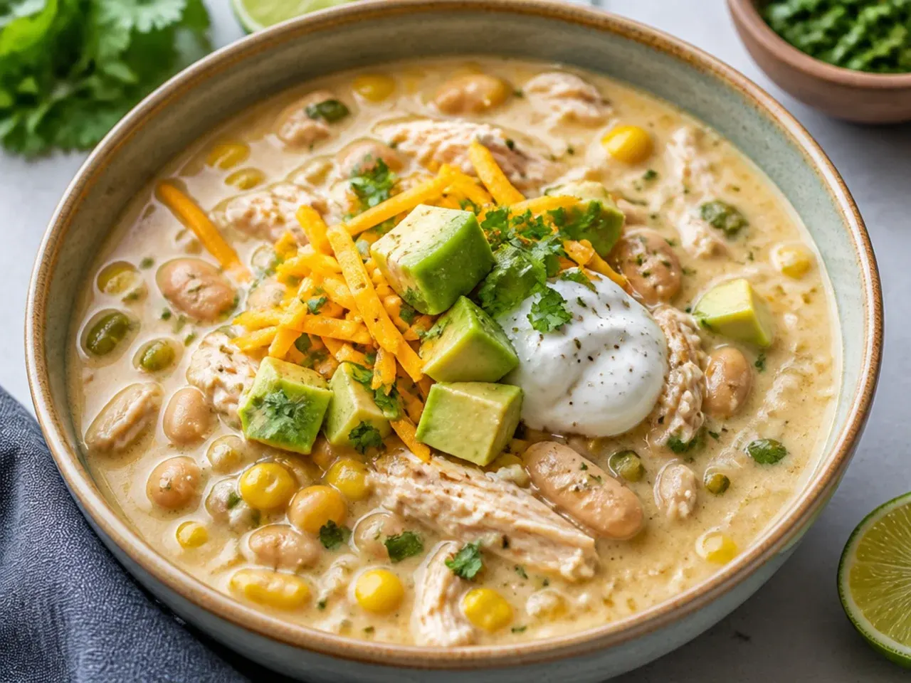 Steaming pot of white chicken chili on the stove with cheese melting into the broth.