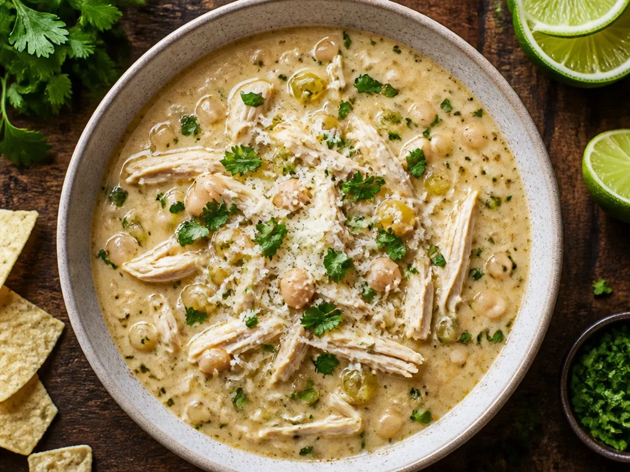 Bowl of classic white chicken chili with shredded chicken, beans and a lime wedge on top.
