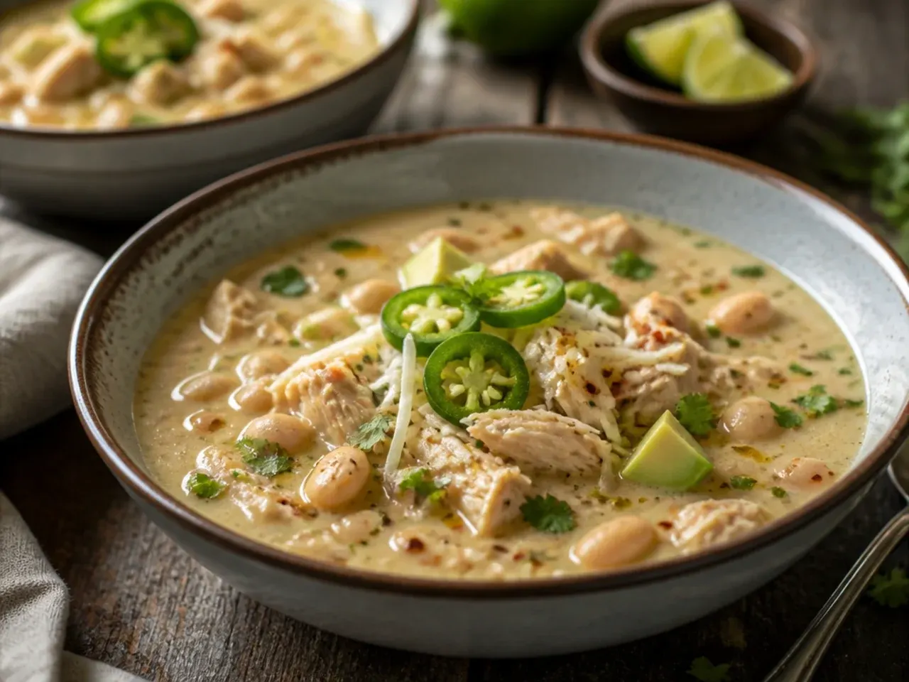 Quick weeknight white chicken chili made with shredded rotisserie chicken.