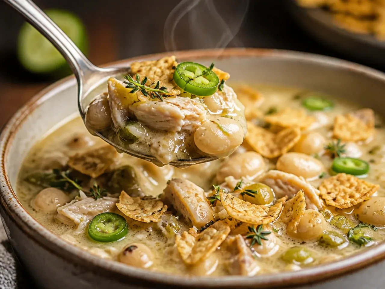 Thick, hearty white chicken chili made with shredded chicken thighs served over rice.
