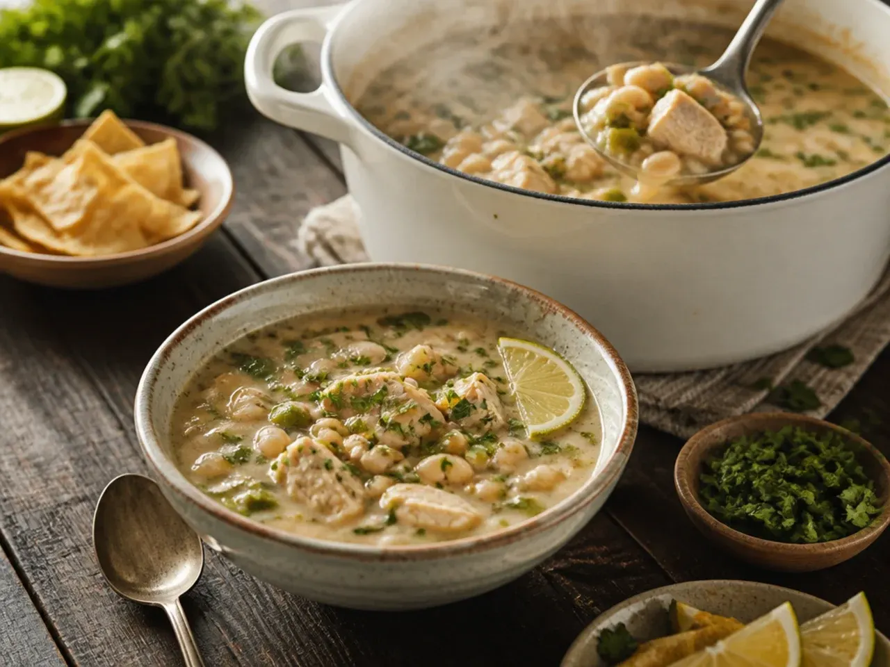 Cozy bowl of thick, velvety white chicken chili with a swirl of soured cream on top.
