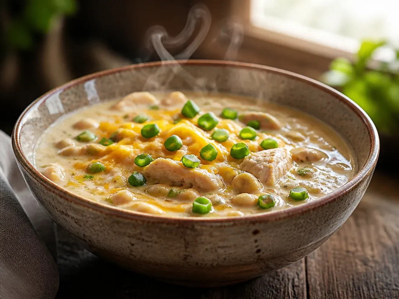 Close-up of creamy white chicken chili with a smooth, pale, velvety broth.