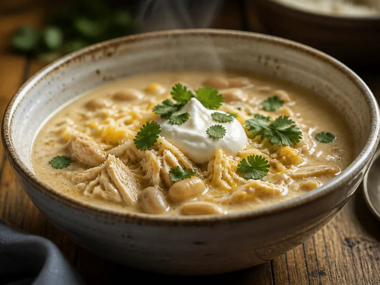 Cheesy white chicken chili with a bubbling, golden layer of melted Monterey Jack on top.