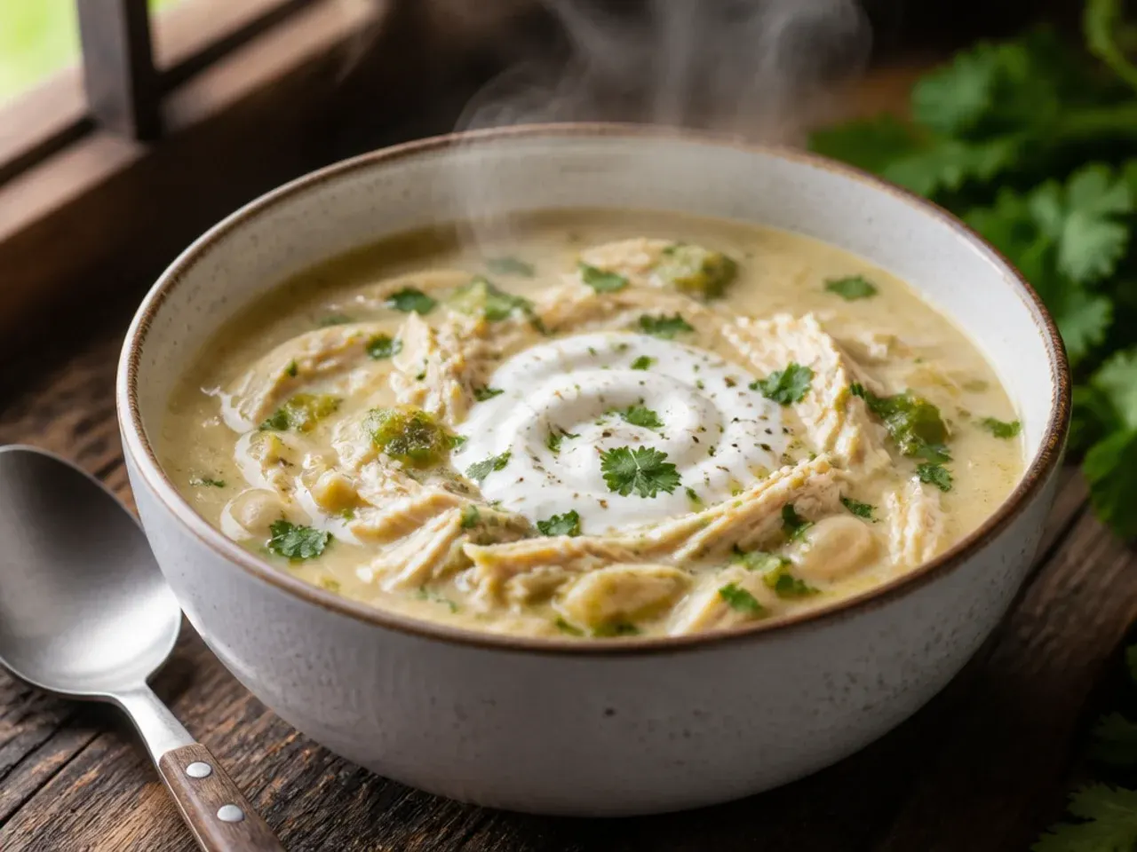 Comforting white chicken chili with roasted poblano peppers stirred through the broth.