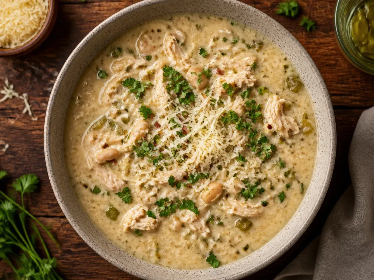 Big pot of budget-friendly white chicken chili made with bone-in chicken thighs.