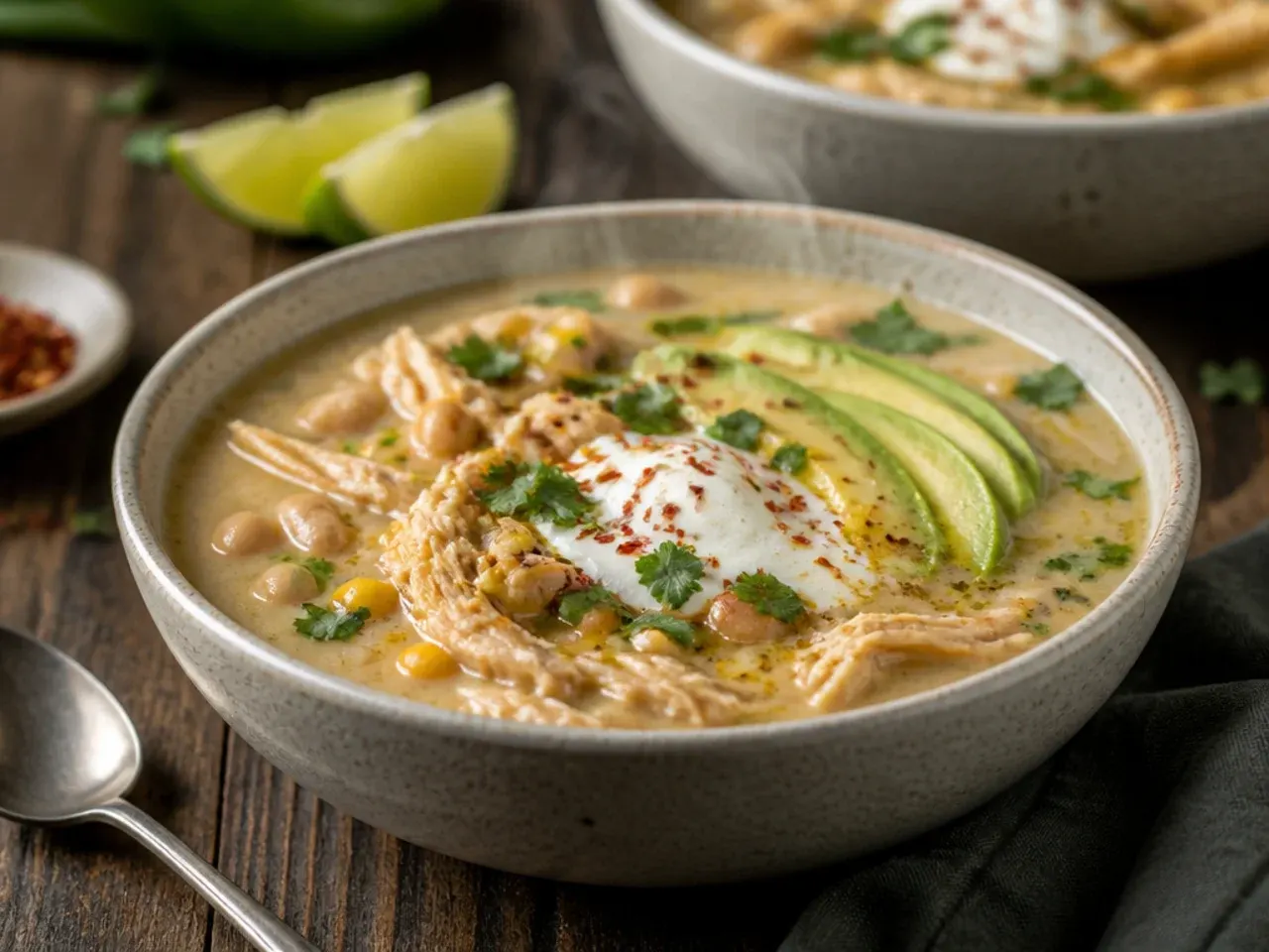 Electric pressure cooker filled with weeknight white chicken chili, lid open and steam rising.