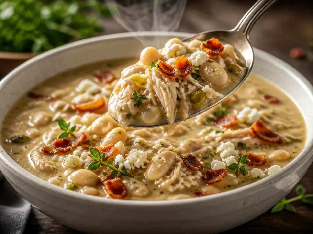 Rustic, chunky white chicken chili with whole beans and hominy visible in the broth.