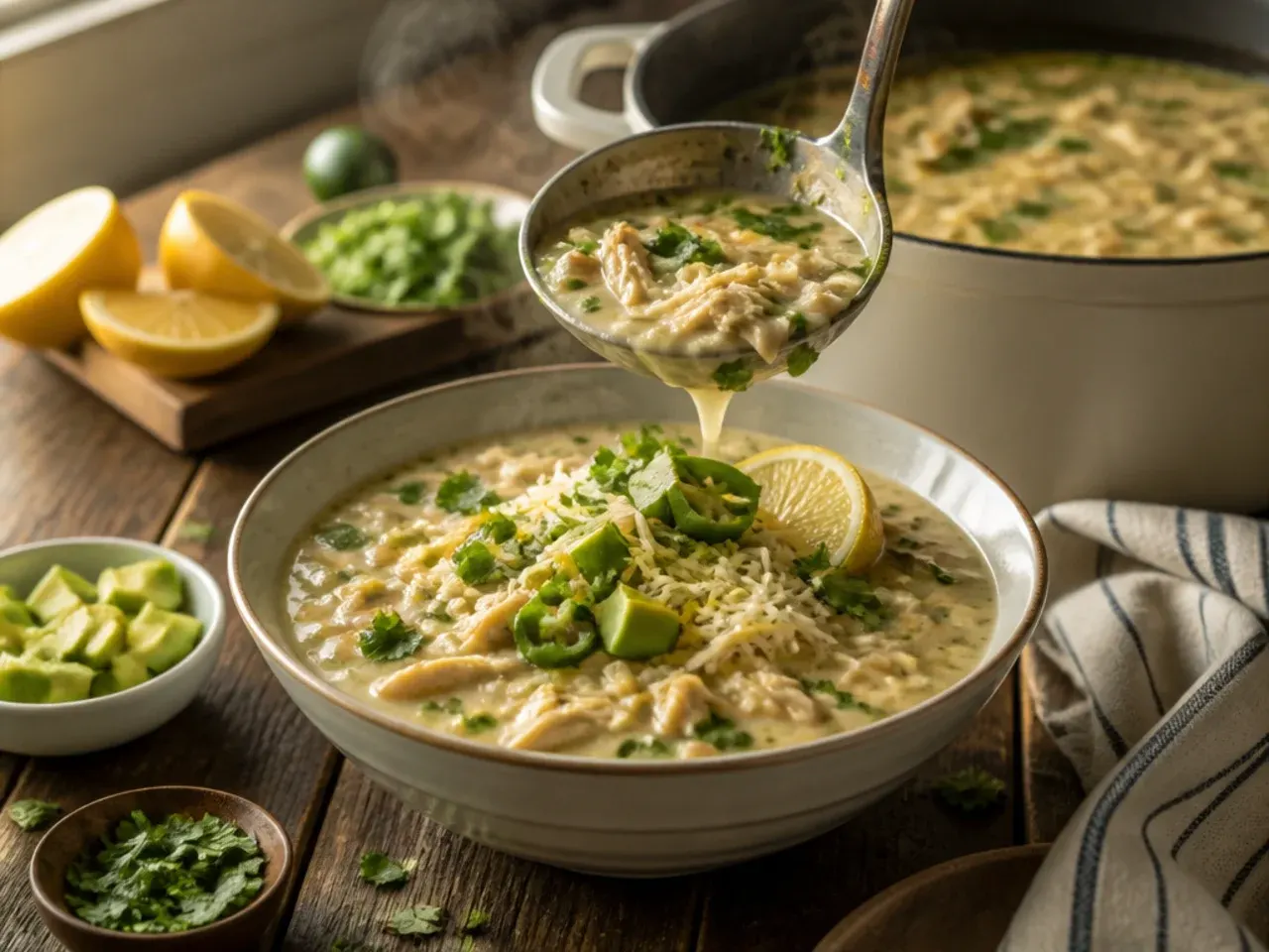 Loaded white chicken chili bar with bowls of avocado, cotija, tortilla strips and lime.