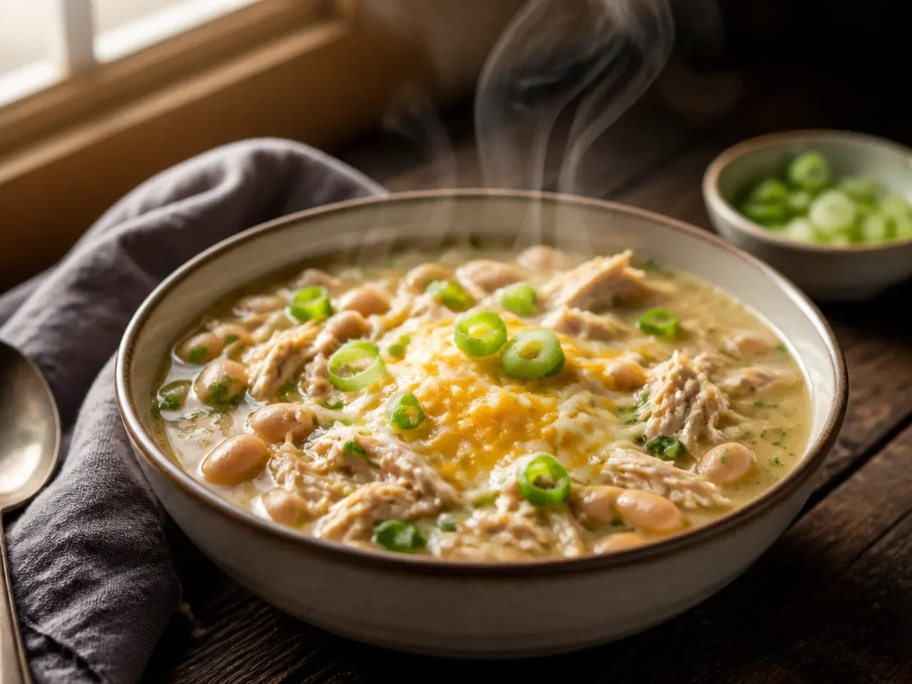 Family-style white chicken chili served in individual bowls with mild toppings on the side.