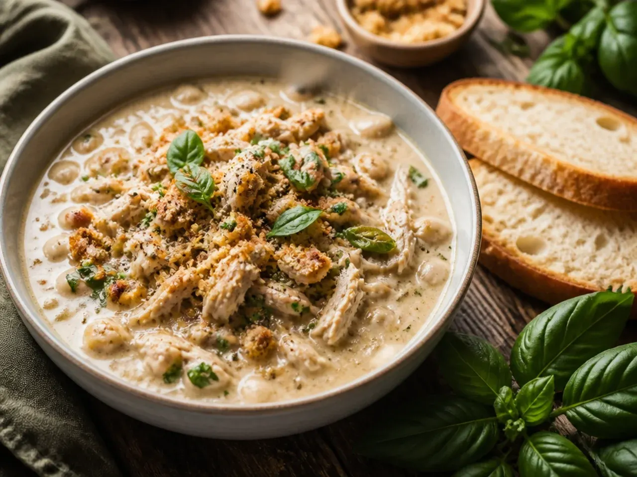 Best-ever white chicken chili loaded with roasted poblano and a double layer of melted cheese.