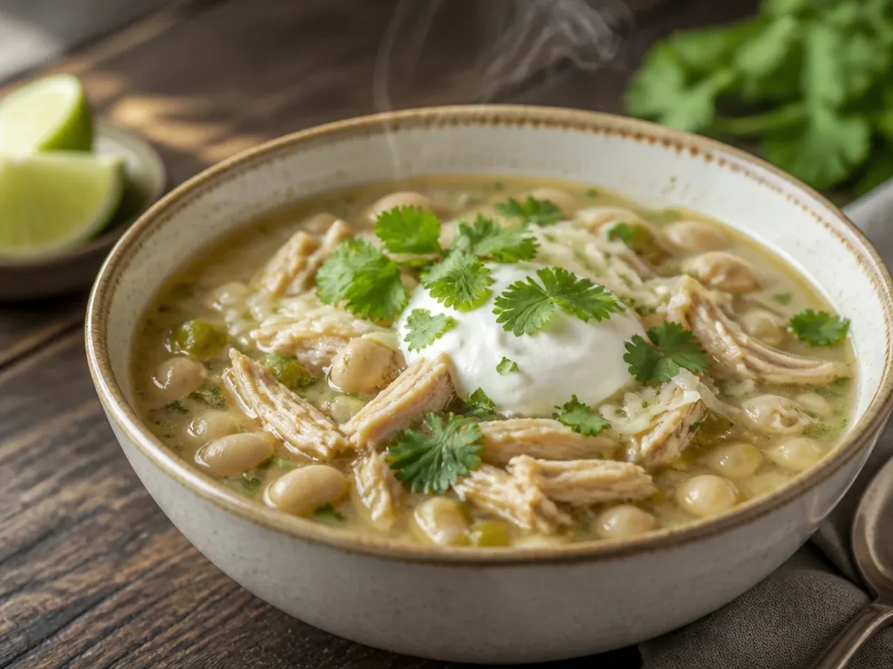 Single Dutch oven of one-pot white chicken chili with chicken cooked straight in the broth.