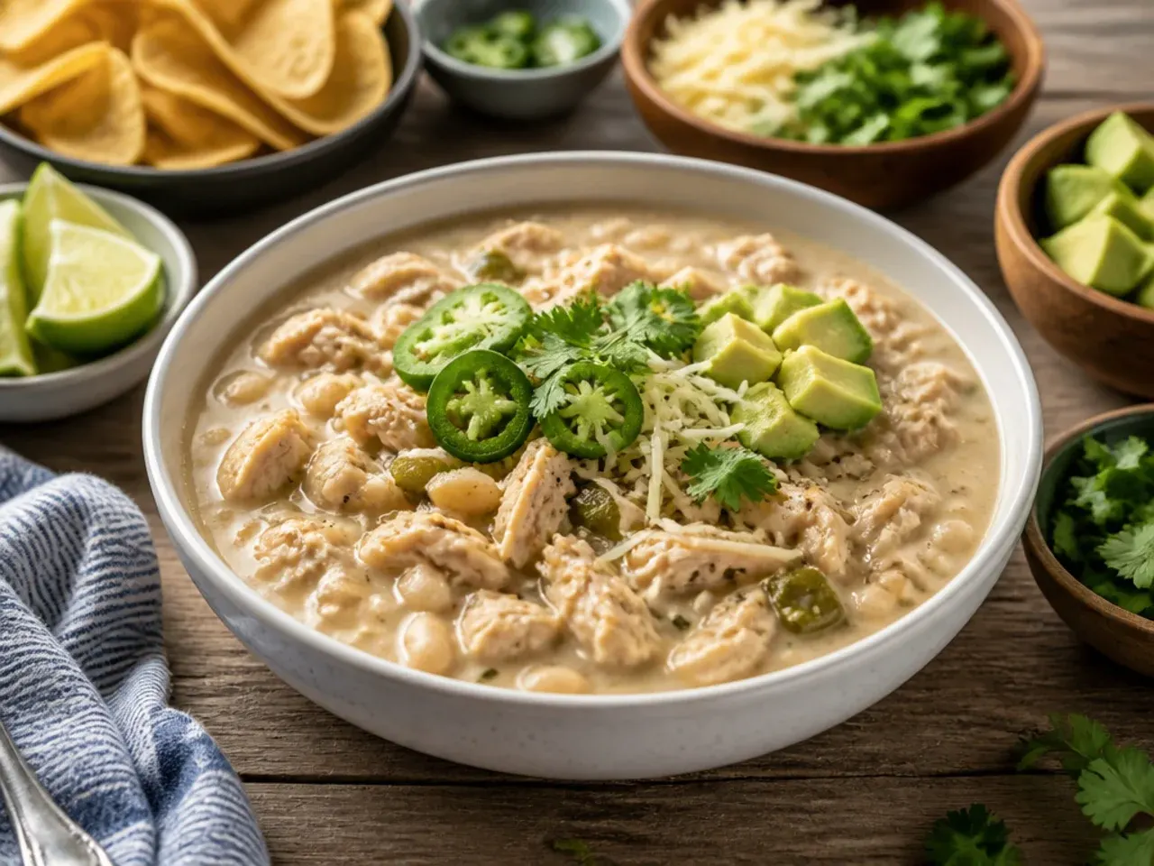 Table set with a bowl of white chicken chili, cornbread and toppings for serving.