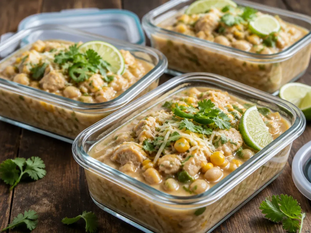 Airtight container of leftover white chicken chili ready to be stored in the fridge.