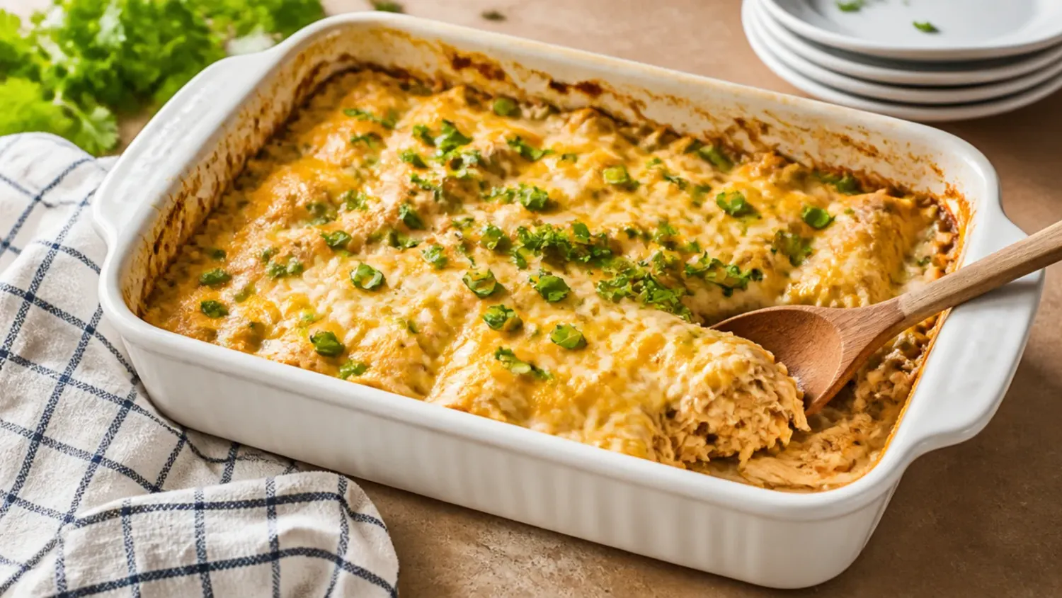 Overhead shot of a bubbling white chicken enchilada casserole in a baking dish, topped with melted cheese and fresh coriander