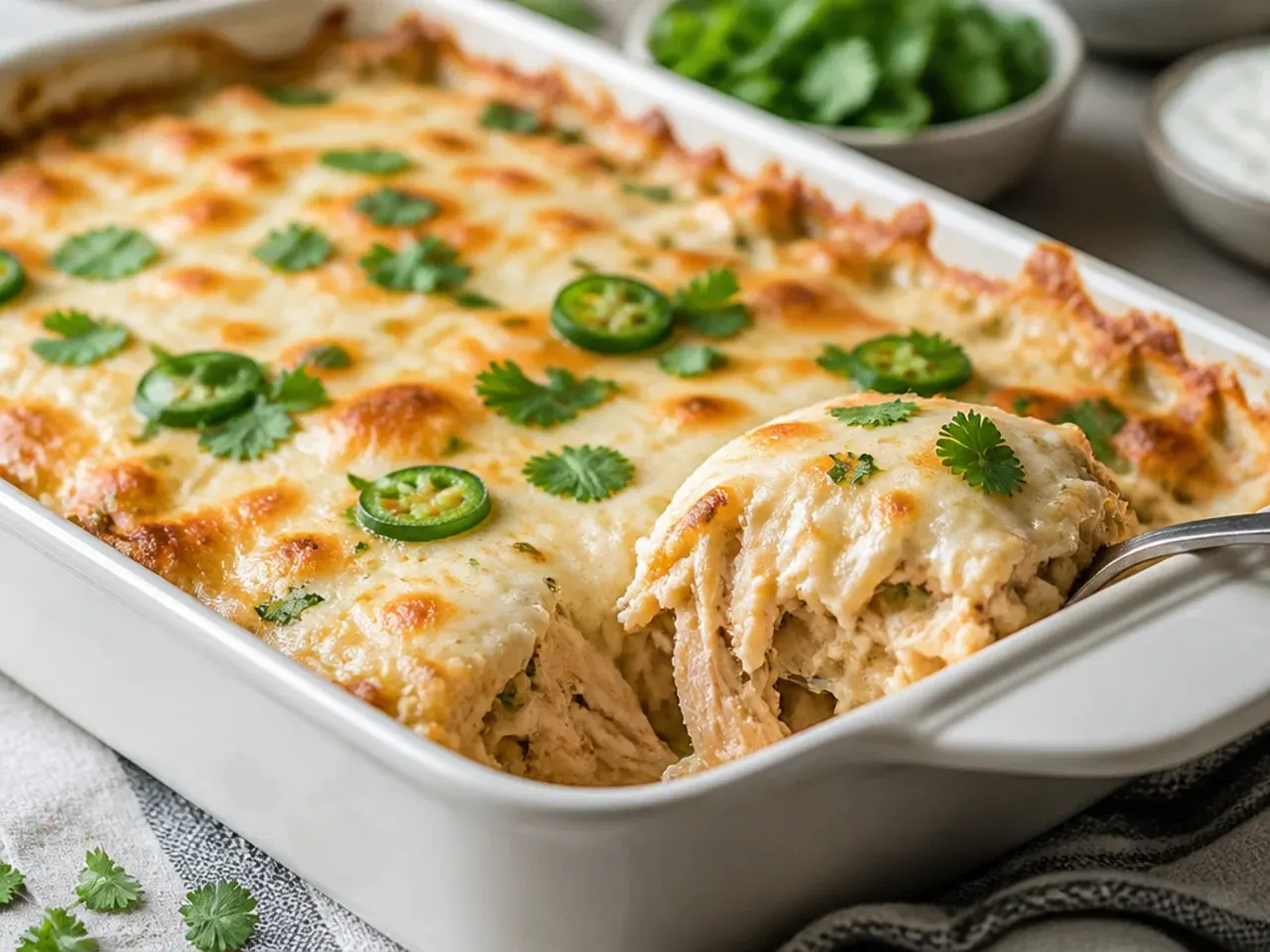 Close-up of a forkful of creamy white chicken enchilada casserole being lifted from the baking dish