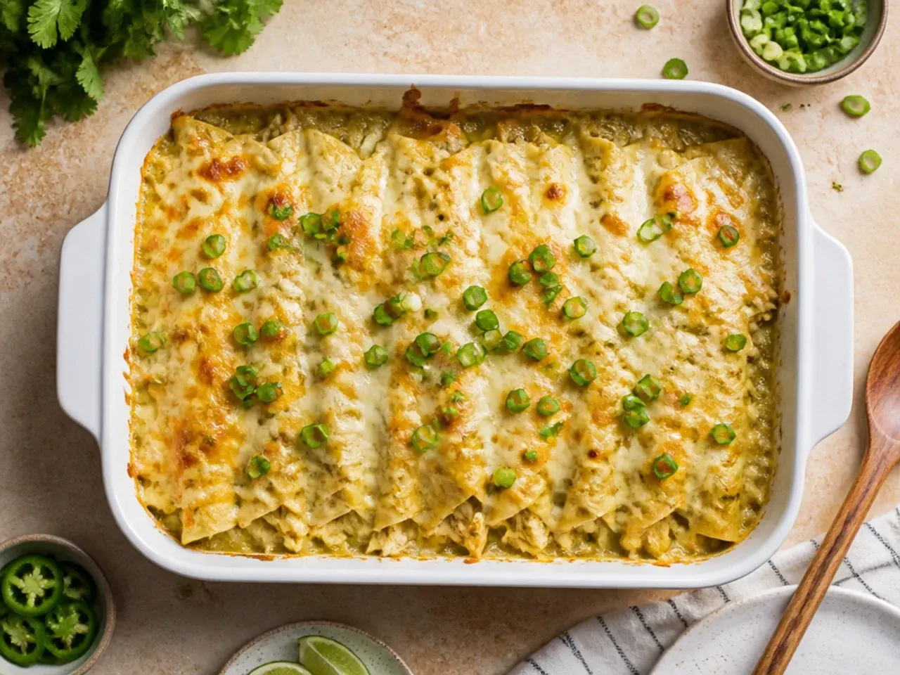 Layers of tortilla, shredded chicken and creamy sauce in a classic white chicken enchilada casserole before baking