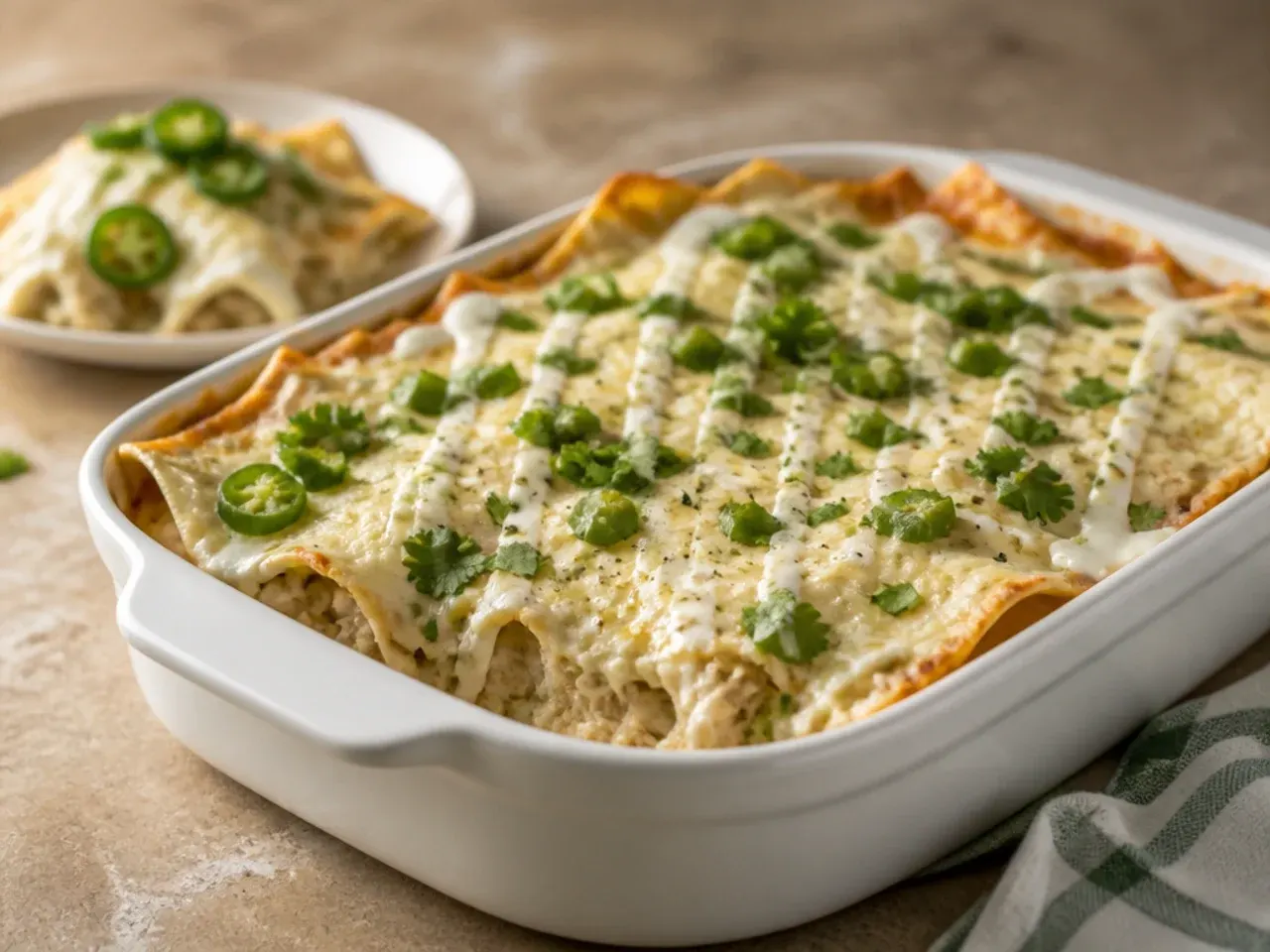 Simple white chicken enchilada casserole assembled quickly with canned soup and rotisserie chicken