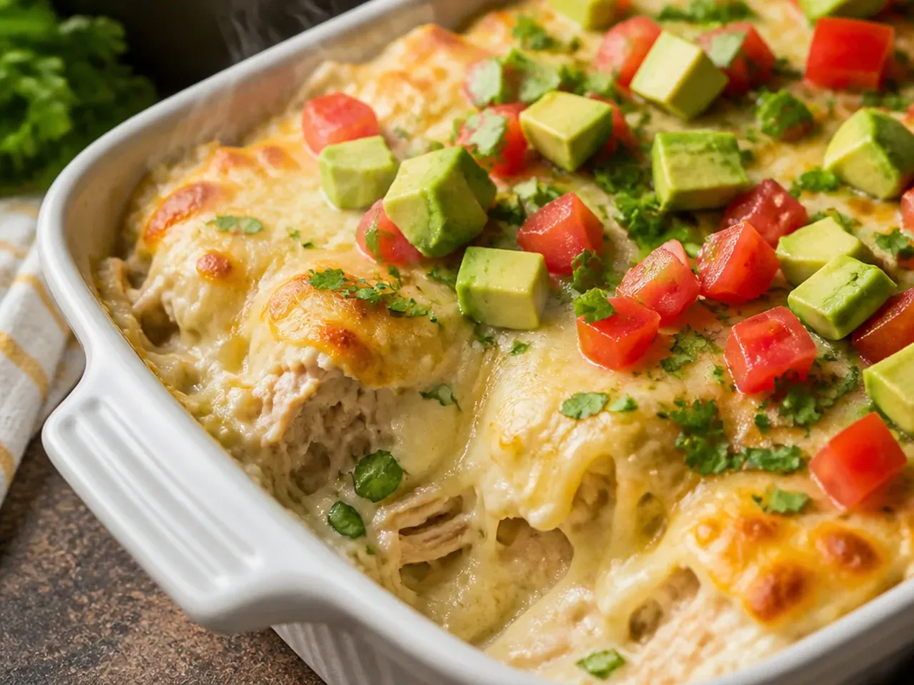 A cozy, rich white chicken enchilada casserole topped with extra creamy sauce