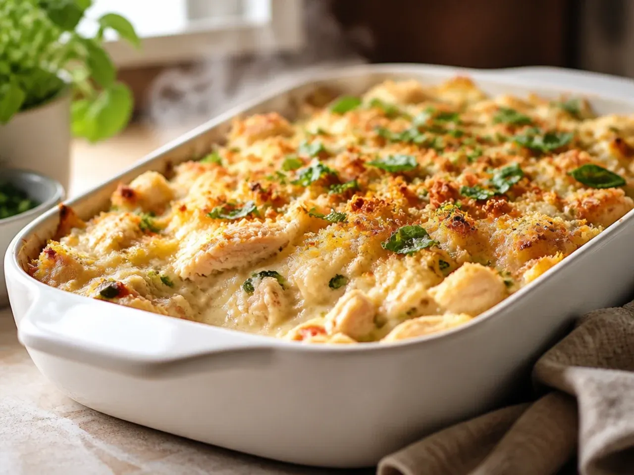Extra creamy white chicken enchilada casserole with a thick sour cream and cheese sauce