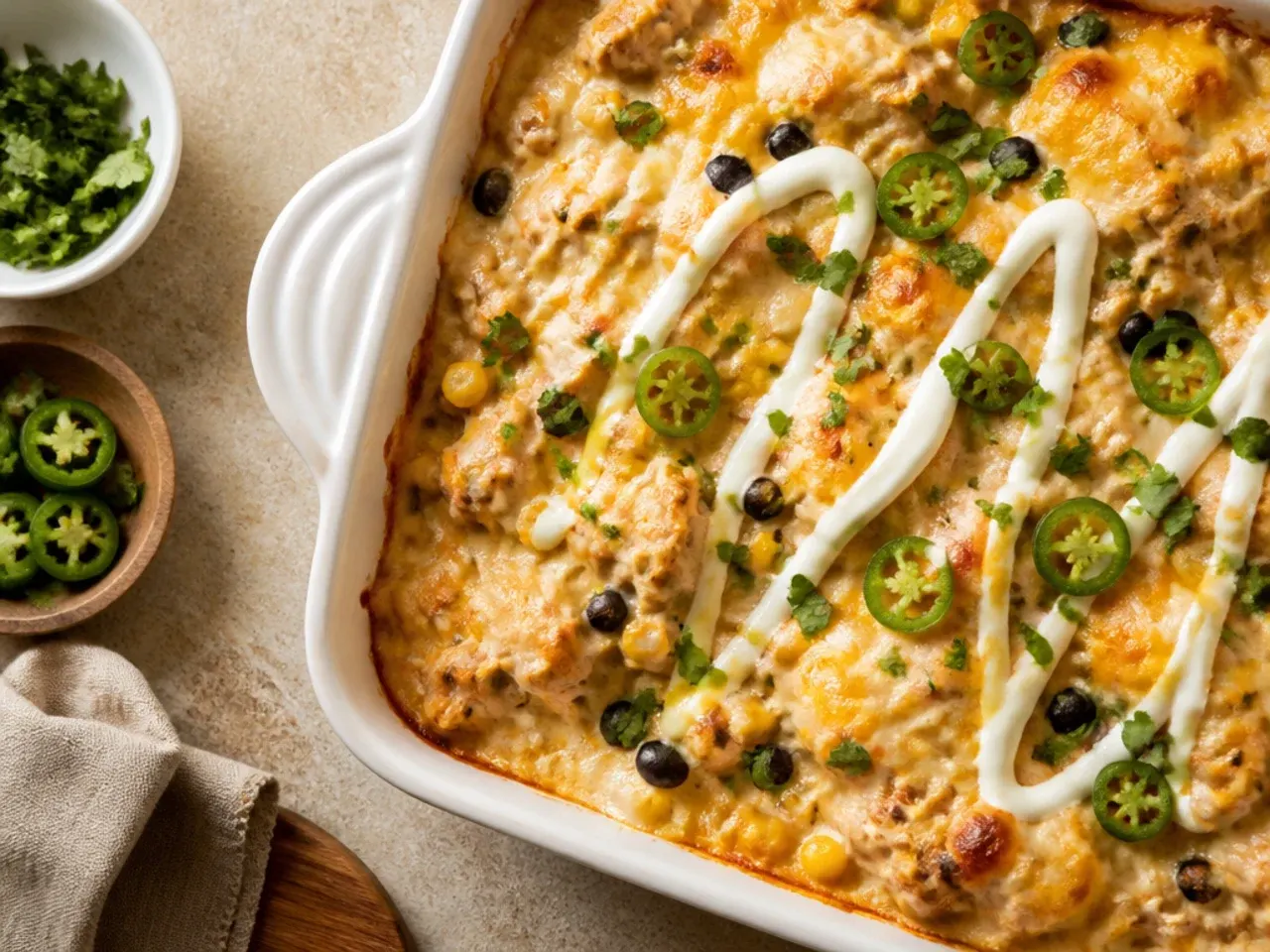 Loaded white chicken enchilada casserole topped with black beans, sweetcorn and avocado