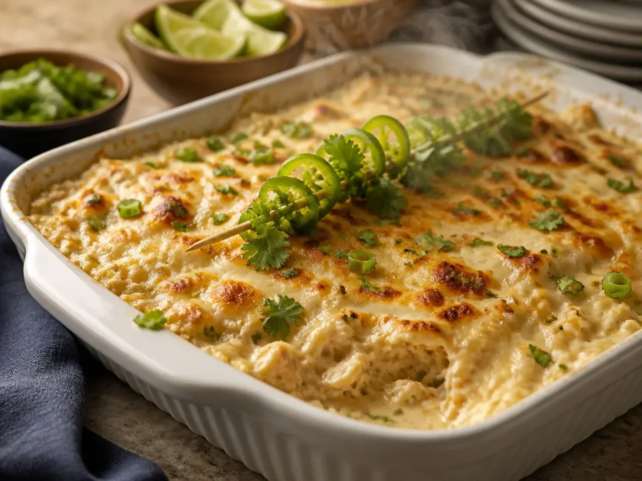 Golden, bubbling best-ever white chicken enchilada casserole fresh out of the oven
