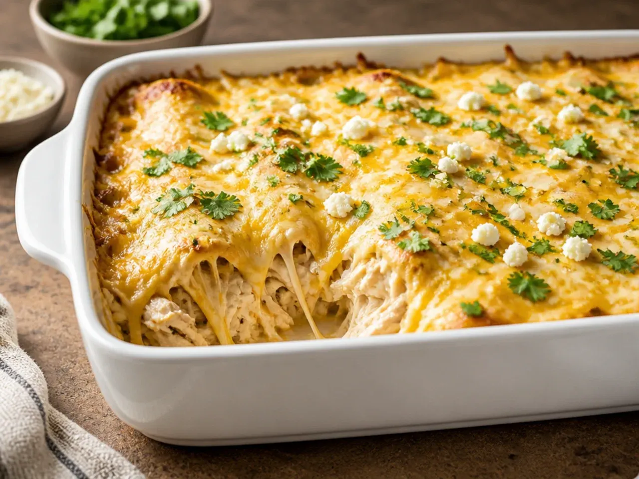 Extra cheesy white chicken enchilada casserole with three layers of melted cheese