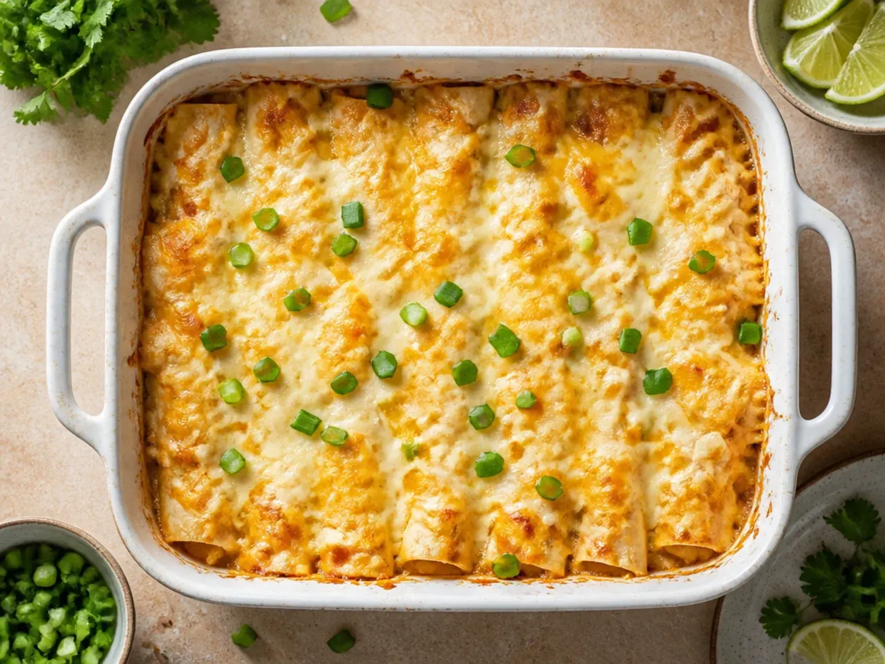 A budget-friendly white chicken enchilada casserole made with pantry staples