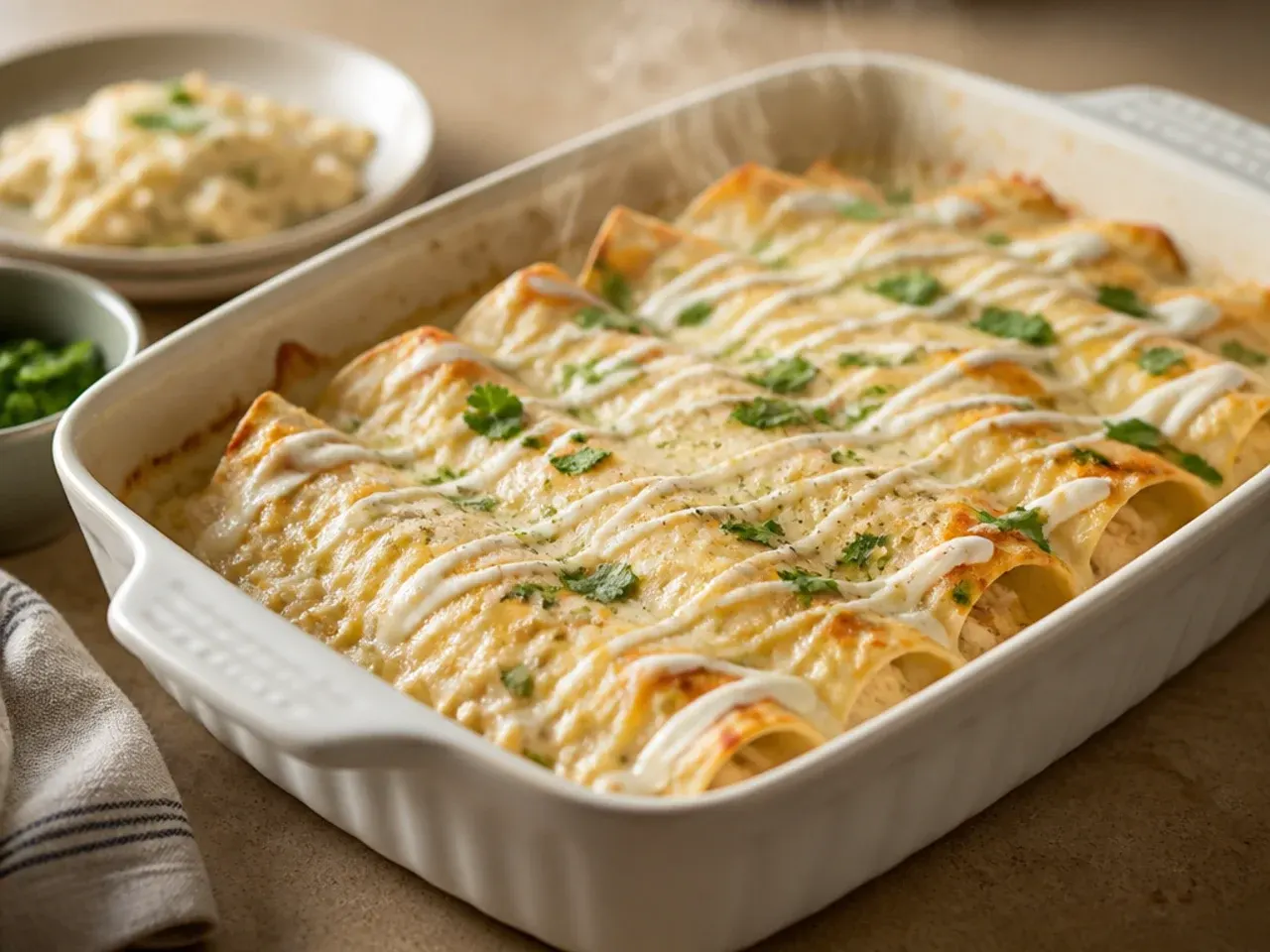 A large crowd-sized white chicken enchilada casserole in a roasting tin ready to serve