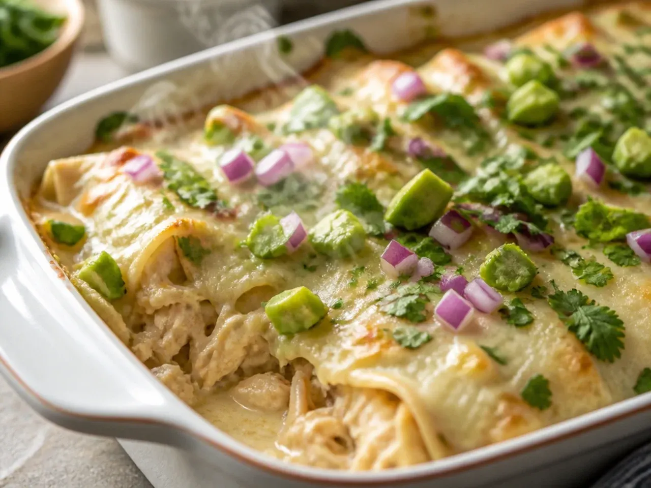 A make-ahead white chicken enchilada casserole covered and ready to refrigerate