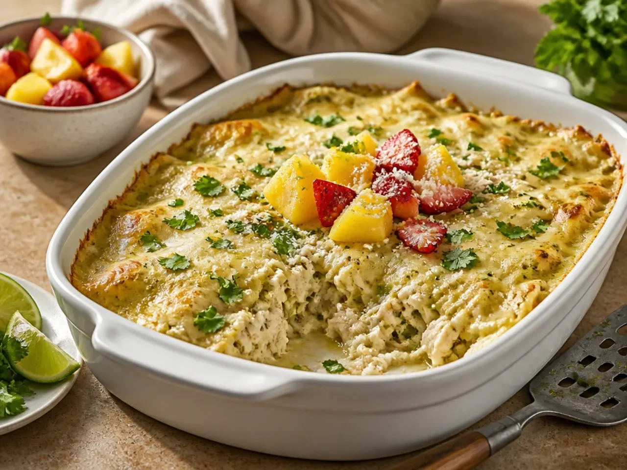 A family-friendly white chicken enchilada casserole served in individual portions