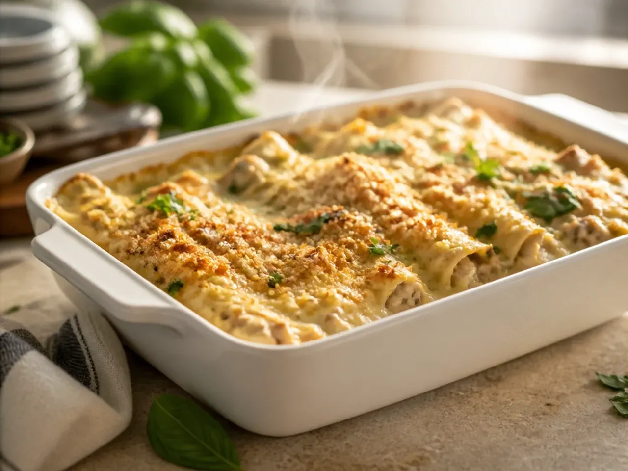 A festive white chicken enchilada casserole garnished with pomegranate seeds and coriander