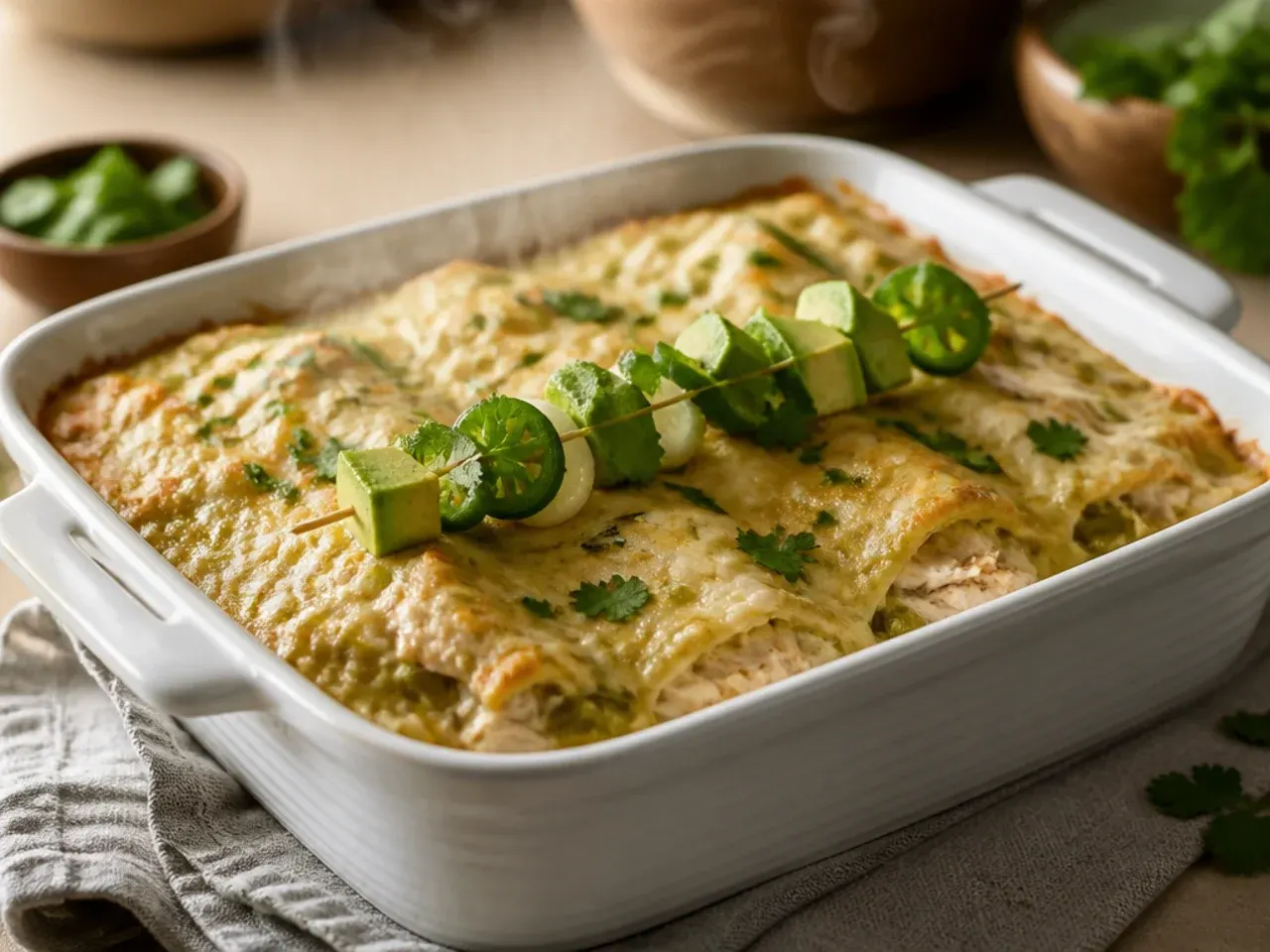 A fully homemade white chicken enchilada casserole made from scratch with fresh ingredients