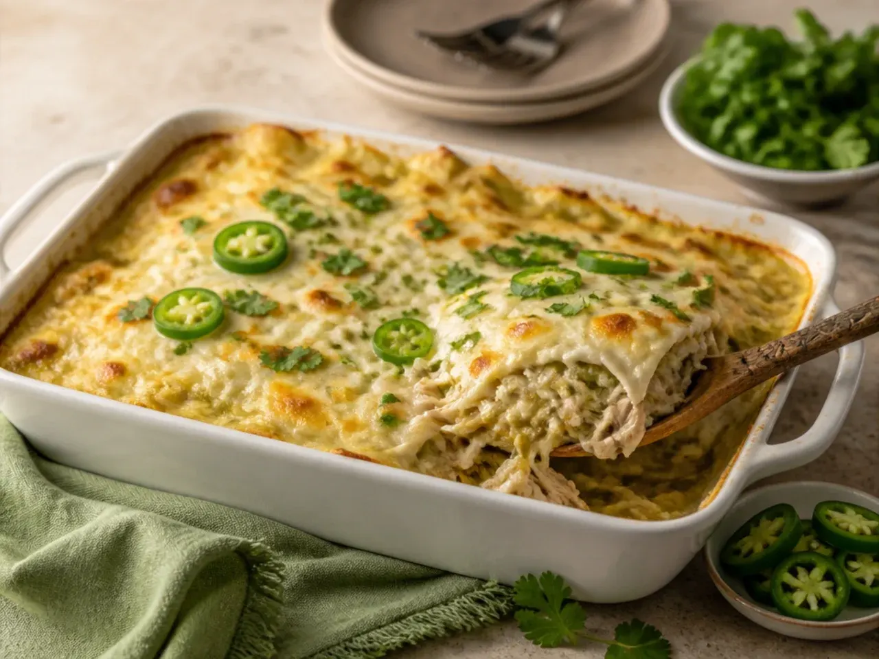 A plated serving of white chicken enchilada casserole with lime, coriander and avocado