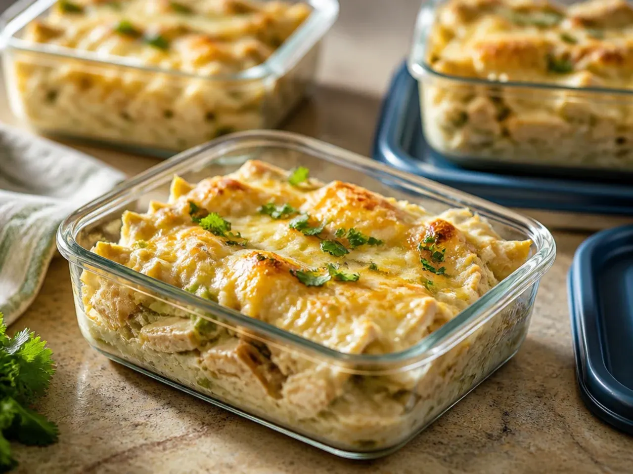Leftover white chicken enchilada casserole stored in an airtight container in the fridge