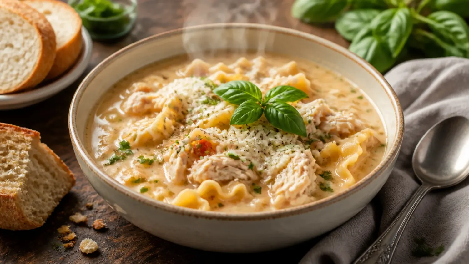 Overhead shot of a bowl of creamy white chicken lasagna soup with broken lasagna noodles, shredded chicken, melted mozzarella and a sprinkle of parmesan and fresh basil.