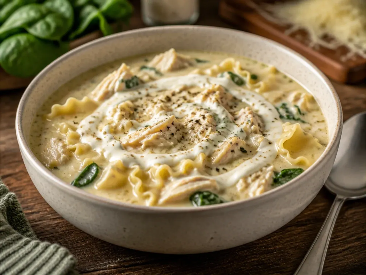 Steaming pot of white chicken lasagna soup on the stove with cheese still melting on top.