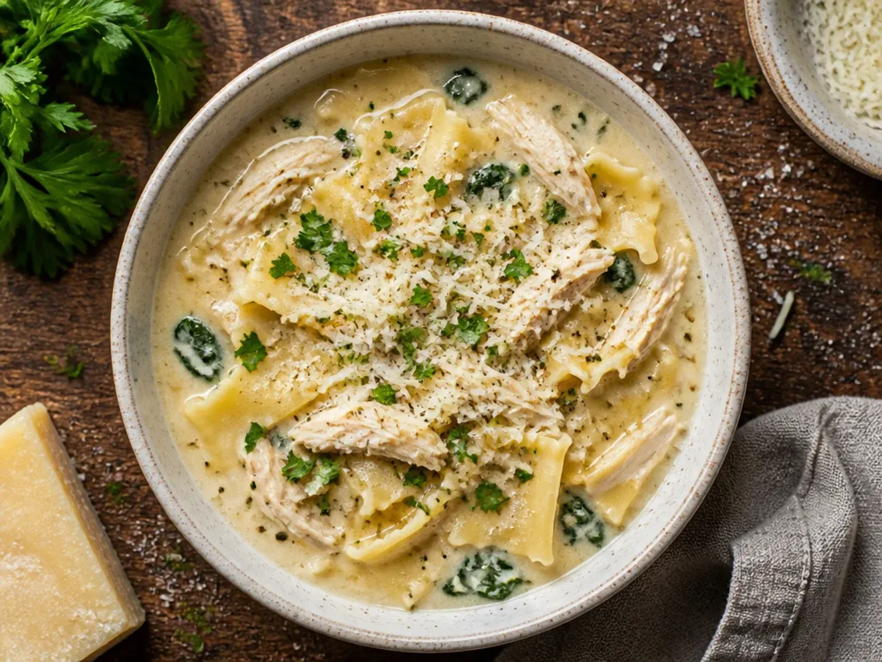 Bowl of classic garlic-parmesan white chicken lasagna soup with visible shredded chicken and pasta pieces.