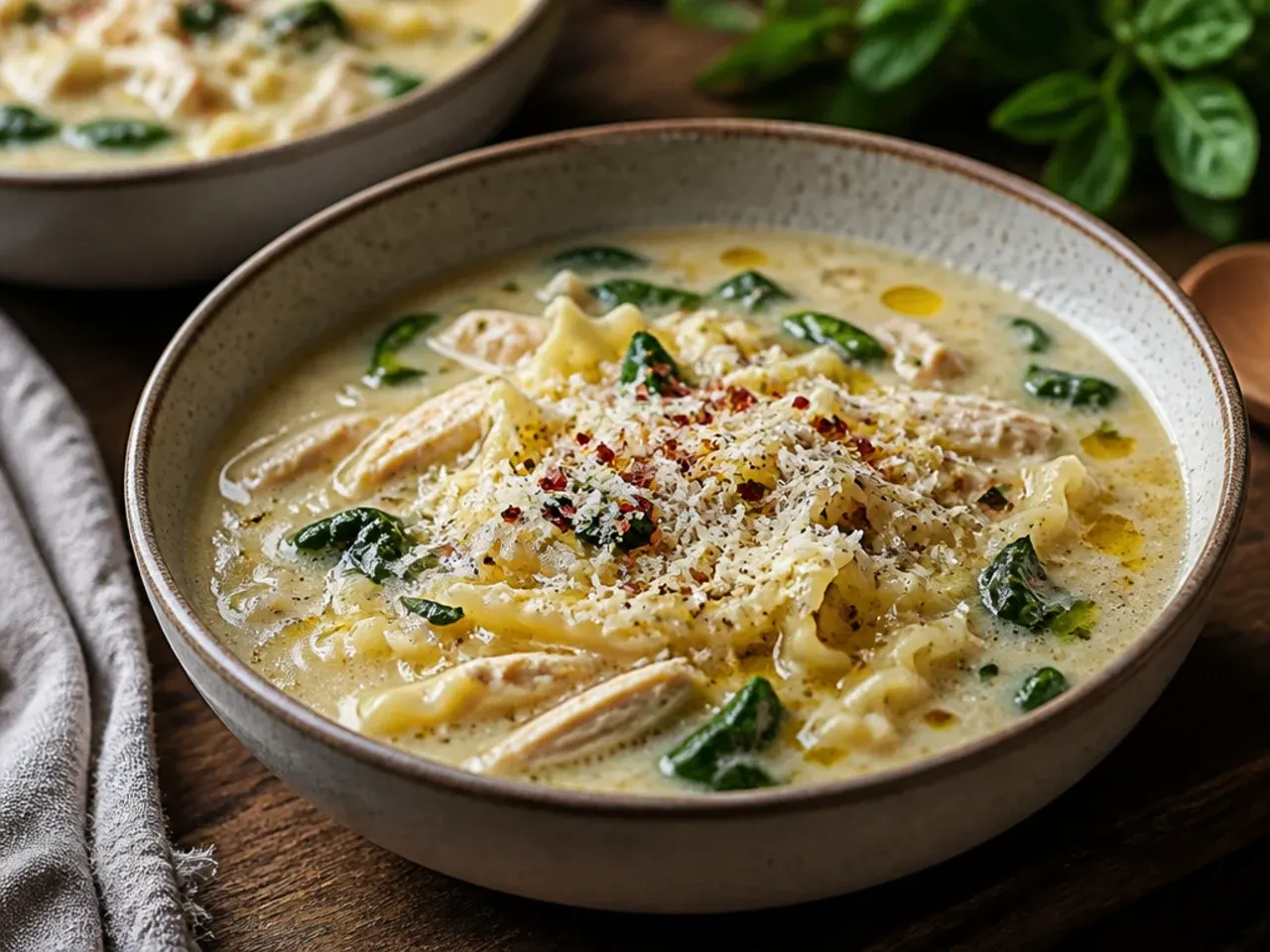 Quick weeknight white chicken lasagna soup made with rotisserie chicken and small pasta shapes.